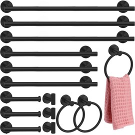 Gisafai 15 Piece Bathroom Hardware Set, 23.6 Inch Brushed Towel Bar Towel Ring Toilet Paper Holder Robe Towel Hook, Sus304 Stainless Steel Bathroom Accessory Set Wall Mounted (Black)