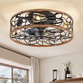 LEDIARY Caged Ceiling Fans with Lights, Farmhouse Flush Mount Ceiling Fan with Remote&App, Black&Walnut Low Profile Ceiling Fan Light Fixture for Bedroom, Kitchen, Dining Room.