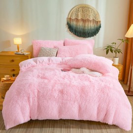 Fluffy Pink Comforter Cover Queen Set – Plush Faux Fur Pink Bedding 3-Piece Set (1 Faux Fur Duvet Cover + 2 Furry Pillow Shams) Cozy Fluffy Bed Set
