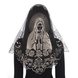 Bozidol Church Catholic Veils for Women, Triangle Black Gold Blessed Virgin Mary Embroidered Lace Mantilla Chapel Veil, Latin Mass Prayer Scarf Head Coverings with Clips