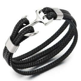 Mens Women Steel Marine Anchor Bangle Bracelet Multi-strand Black Braided Leather Wristband