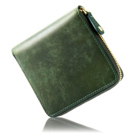 Exbeita Men's Bifold Wallet, Italian Leather, Genuine Leather, Round Zipper, Thin, Compact, 10 Cards, Bill Compartments, 2 YKK Zippers, Coin Purse, Thin, Small, No Bulk, R Zipper Scratch (Dark Green)