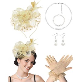 5-Pack Khaki Apricot Fascinator Hat for Women Tea Party Veil Mesh Headband Feather Wedding Hat Lace Gloves Pearl Jewelry Set for Costume
