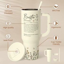 Best Friend Tumbler with Handle 40oz, Bestie Cups for Women Stainless Steel Coffee Travel Tumblers with Straw, Bestie Gifts for Female Friends BFF, Friendship Gift for Birthday Christmas Valentines
