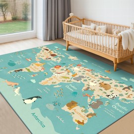 Washable Kids Playroom Rug – 5x7 Play Rug for Preschool Toddlers, Baby Girls, Educational Play Mat with Cute Animals – Non-Slip, Stain Resistant, Soft & Safe for Bedroom, Nursery and Classroom - Blue
