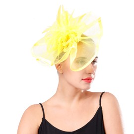 Fascinators Hat Flower Cocktail Lace Mesh Feathers Headband Clip for Women Tea Party Wedding Vintage Derby Hats-Yellow-03