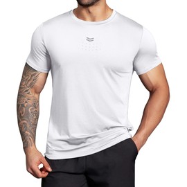 Boyzn Men's Gym T-Shirt with Reflective Chest Stripe & Cooling Perforations - Moisture Wicking Workout Shirt for Running, Basketball, Fitness Stretch Active Tee White-02-S