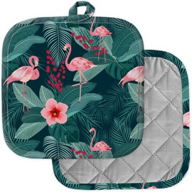 [Pack of 2] Pot Holders for Kitchen, Washable Heat Resistant Pot Holders, Hot Pads, Trivet for Cooking and Baking (Flamingo Leaves Monstera)