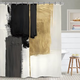 Yookeb Abstract Modern Bathroom Shower Curtain 60W by 71H Inch Minimalist Modern Contemporary Geometric Black Gold Aesthetic Art Polyester Fabric 12 Plastic Hooks Waterproof Decor
