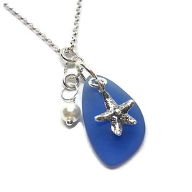Cobalt Blue SEA GLASS Charm Necklace - Blue Cultured Sea Glass - Sterling Silver 18" chain - With Pearl and Starfish Charms -Nautical Beach Jewelry - Ocean Blue Beach Glass Necklace