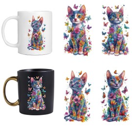 4pcs Cat Print Floral UV DTF Cup Wraps Winter UV DTF Transfer Waterproof Sticker for Glass Cups Furniture Craft DIY Crafts，Rub on Transfer Stickers for DIY Water Bottle Laptop Decal Wood Car