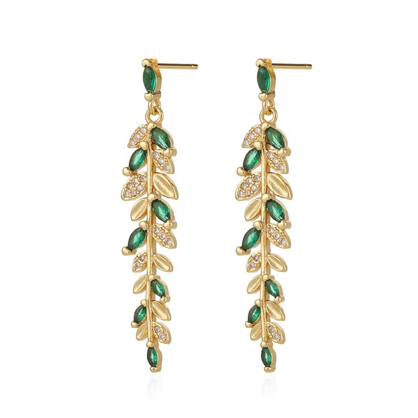 JDONL 14K Gold Plated Rhinestone Olive Branch Leaf Stud Earrings