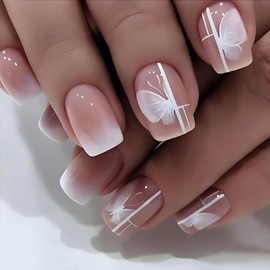 Short Press on Nails Square Shape Fake Nails, LPOODDNU 24 Pcs Gradient Glue on Nails with White Butterfly Designs Cute White False Nail Tips Pink Stick on Nails Kit