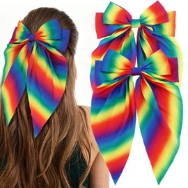 2Pcs Large Rainbow Hair Clips, Rainbow Satin Hair Bows for Women Girls, Pride Accessories for Women Girls