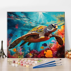 TISHIRON DIY Turtle Painting Art by Numbers Kits, Sea Turtle Colour by Number Kits Adults, Colour by Numbers Beginners Children, Without Frame Home Wall Decor Gift Craft 16 x 20 Inches