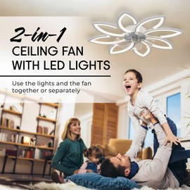 35''Ceiling Fans with Lights,Bladeless Ceiling Fan with Lights and Remote, Flush Mount Ceiling Fan with Dimmable LED Light,Modern Low Profile Ceiling Fan 6 Speed Wind Timing for Bedroom 90W (White)