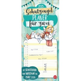 Schutzengel Planer für zwei 2025: Wandplaner für 2. Partnerkalender mit 2 Spalten. Terminkalender mit niedlichen Cartoon-Engeln. Wandkalender für 2 Personen.