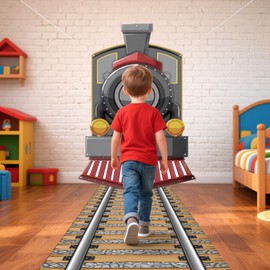 NeusWonder Train Party Decorations with Railroad Backdrop and Track Runner, Retro Railroad Theme Polyester Fabric Backdrop with Hanging Holes and Ribbons for VBS, Classroom Wall or Door Decor