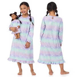 Saint Eve Kids Girl and Doll Matching Nightgown Set, Long Sleeve Soft Flannel Sleep Dress - Purple Celestial, Medium
