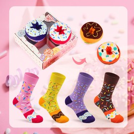 Funny Donut Socks Box-Funny Gifts for Women Mum Teenage Girls-Fun Novelty Funky Cute Food Silly Cotton Crazy Socks Mothers Day Easter Valentines Christmas Birthday Gifts Stocking Fillers-4 pairs