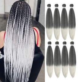 Liang Dian Pre Stretched Braiding Hair Ombre 30 Inch 8 Packs Synthetic Crochet Braids Hot Water Setting Professional Soft Yaki Texture Synthetic Hair Extensions(30 Inch 1B/Silver Grey)