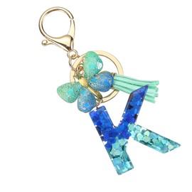 SUIKIHUM Initial Letter Keychains, (1.54"x1.5" Mini Letter Butterfly KeyChain) Resin Tassel Pendant Cute Car Keychain for Wallet Handbags Backpack, Blue (K)