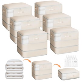 Homsorout 6 Pack Compression Storage Bags - 110L Large Capacity Comforter Storage Bag, 3-Layer Washable Ultra Space Saving Self Compression Organizer Space Bags for Blankets, Sweaters, Sheets, Beige