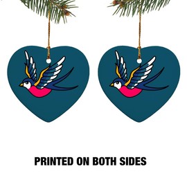 Traditional Swallow Heart-Shaped Porcelain Holiday Christmas Tree Ornament - 2.8"