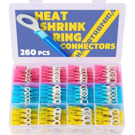 haisstronica 260PCS Marine Grade Heat Shrink Ring Connectors-Heat Shrink Wire Connectors Tinned Red Copper #10,1/4",5/16",3/8"(3Colors/4Sizes),16-14 22-16 12-10 Gauge Insulated Ring Crimp Terminals