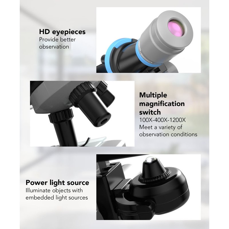 Kids Microscope Kit LED 1200X Microscope with Specimen Slides Science