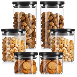 Rtteri 6 Pcs Glass Jars with Black Lids 15oz 27oz 41oz Canisters with Black Airtight Lids Stackable Glass Food Storage Containers Pantry Storage Jars PP Material Airtight