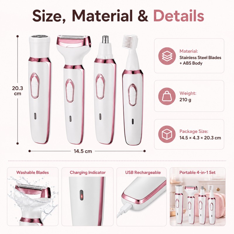 4-in-1 Electric Hair Remover for Face & Body – USB