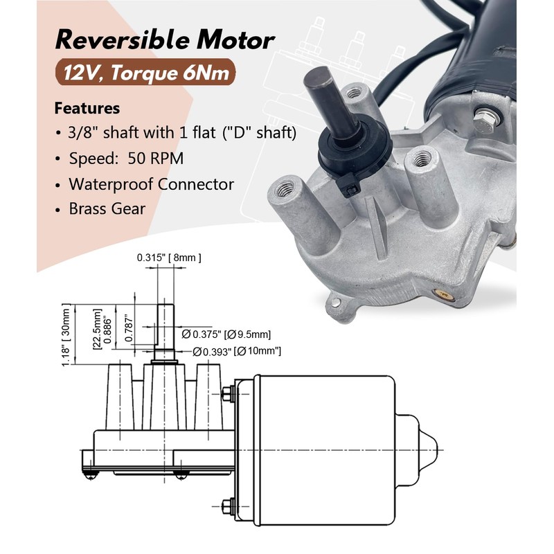 3/8" D Shaft 12V DC Reversible Electric Gear Motor 50