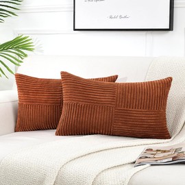 Fancy Homi Rust Long Lumbar Decorative Throw Pillow Covers 14x24 Inch for Bedroom Couch Bed, Rustic Farmhouse Boho Home Decor, Soft Striped Corduroy Rectangle Accent Terracotta Cushion Case 35x60 cm