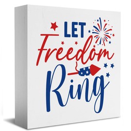 Fourth of July Decorations Independence Day Wooden Box Sign Decor Farmhouse Wood Plaque Box Sign Home Office Kitchen Bar Living Room Tiered Tray Tabletop