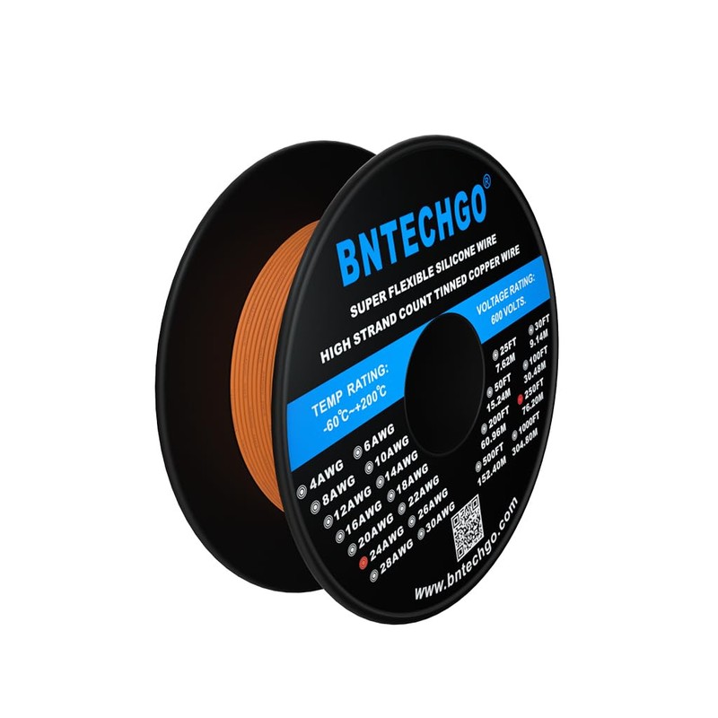 BNTECHGO 24 Gauge Silicone Wire Spool 250 ft Orange Flexible