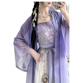 Chinese Hanfu Women Traditional Cosplay Costume Ancient Song Dynasty 2025 Summer Purple Print Hanfu 3pcs Suit (S)
