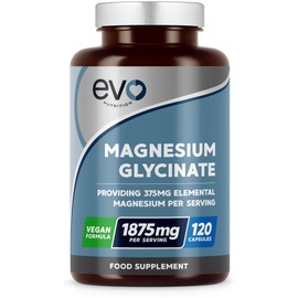 EVO NUTRITION Magnesium Glycinate Supplement - 120 Vegan Capsules | 1875mg Per Serving & 375mg Elemental Magnesium | 100% Daily NRV | High Strength for Maximum Bioavailability | Made in UK