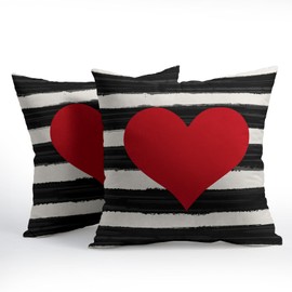 Anyako Valentine's Day Throw Pillow Covers 18X18 Inches Set of 2 Red Heart Black White Stripes Pillowcase Soft Cotton Linen Square Valentine Themed Cushion Covers for Home Sofa Patio Bedroom