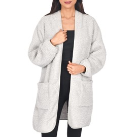 Sleepdown Womens Ladies House Coat Luxury Borg Bath Robe Rib Placket Dressing Gown Warm Cosy Loungewearr - L/XL - Light Grey