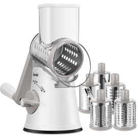 Geedel Rotary Cheese Grater Cheese Shredder with 5 Interchangeable Blades - Upgraded Rotary Grater Featuring Strong Suction Base for Cheese Shredding, Wavy Slicing, Nut Grinding, and Ice Shaving