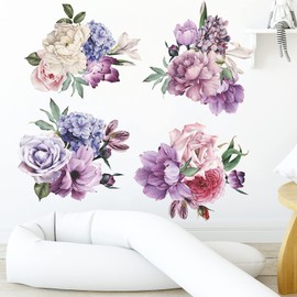 Flowers Wall Stickers Peony Rose Wall Decals for Living Room, 4 PCS Giant Peonies Wall Art Murals Delicate Blossom Art Applique Delicate Peony Floral Wallpaper for Bedroom Girls Room