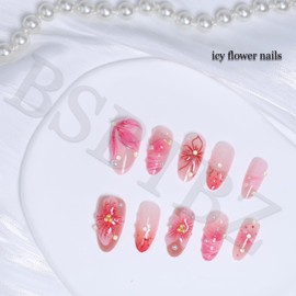 30pcs Pink Flower & Lily Press on Nails Medium Almond Fake Nails Handmade Floral Gel Nails with Mermaid Pearl Design Y2k Glitter Glossy Gradient Fake Nails Reusable Stick On Nails Set for Women