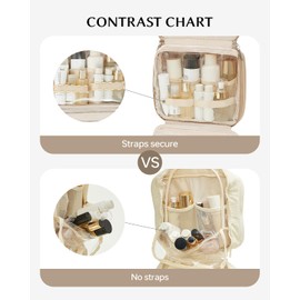 EACHY Toiletry Bag with Hanging Hook, Travel Makeup Bag PU Leather Cosmetic Bags for Women Make Up Organizer with 4 Compartments Waterproof Full-Size Portable Travel Essentials (Trench，Pro)