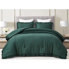 Chezmoi Collection Nora Emerald Green Comforter Set Full Size 3-Piece Fluffy Soft Lightweight Bedding Ruffled Edge Trim Stone-Washed Microfiber Comforter Set for All Season