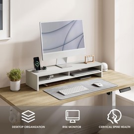 Fenge Monitor Stand, 31.5 Inch Computer Monitor Riser for Desk, 2 Tiers Wood Desk Shelf with Storage, Desktop Organizer for PC, Laptop, Screen, Printer