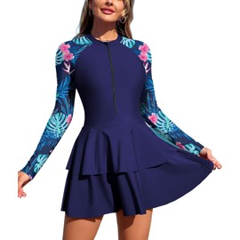 ZAFUL Women's One Piece Rash Guard Long Sleeve Modest Swimsuits Dress Zipper Bathing Suit Swimskirt 0-Tropical M