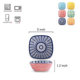 Selamica Ceramic 2.6 OZ Square Dipping Bowl Set, Soy Sauce Dish 3 inch Small Bowls for Ketchup Condiments Side Dish BBQ, Ramekins Oven safe, Stackable, Set of 6, Assorted Colors
