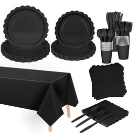 176 Pcs Black Paper Plates and Napkins, Black Party Supplies Include Scalloped Paper Plates Napkins Cup Plastic Tablecloth Spoon Fork Knives for Birthday Wedding Baby Shower