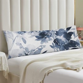Florals Body Pillow Cover Navy Watercolor Flowers Long Pillow Case with Zipper Decorative Bedding Pillowcase Boho Floral Throw Pillow Covers Soft Cushion Pillow Case for Bedroom,20"x54",Blue White